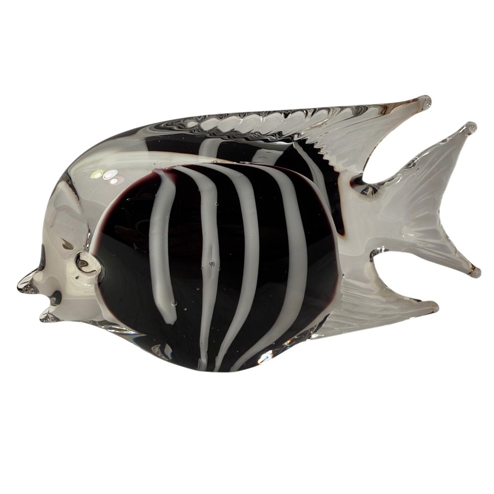 Art Glass Tropical Fish Figurine Black White Striped Angelfish Paperweight